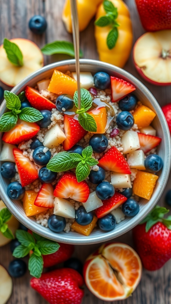 A vibrant quinoa fruit salad with strawberries, blueberries, apples, and oranges, garnished with mint, on a wooden table.